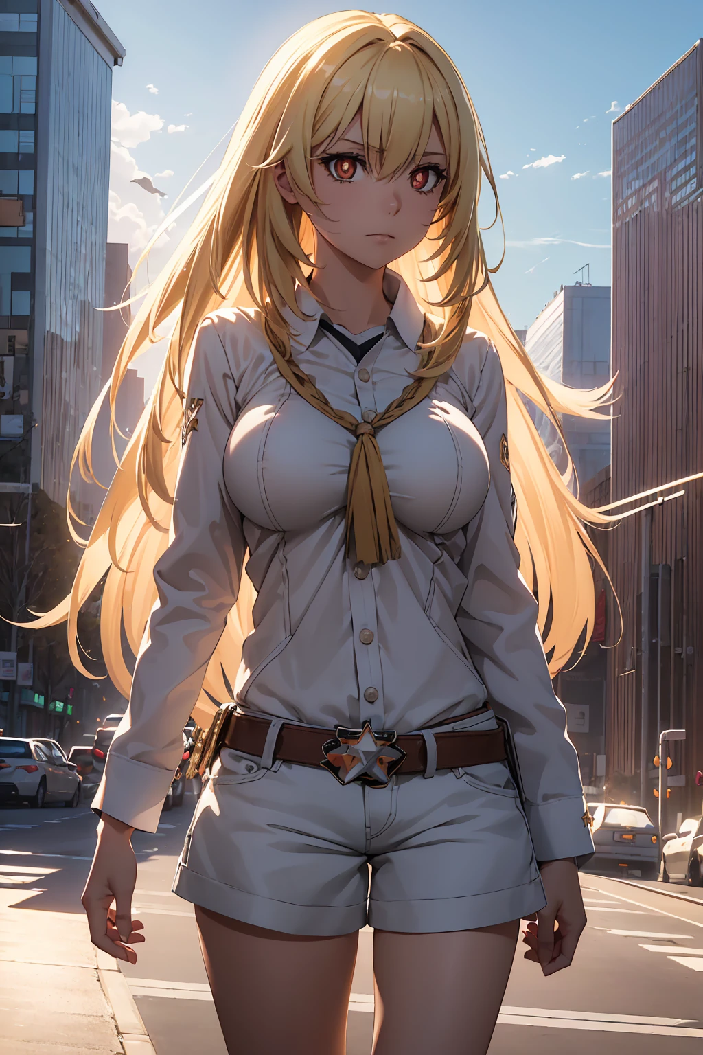 NSFW Highest quality, (masterpiece:1.2),{{Shirt lift}}　{{{{{topless}}}}＋＋,misaki shokuhou　 blonde, 　Shorts, White knee socks, Destroy Outdoor, city, null, sun, cloud, 壊す looking at viewer, (Cowboy Shot:1.5), Breaking long hair, (Symbol-shaped pupil:1.5)＋＋, (Big Breasts), (masterpiece:1.2), Highest quality, High resolution, unity 8k wallpaper, (shape:0.8), (Beautiful attention to detail:1.6), Highly detailed face, Perfect lighting, Extremely detailed CG, (Perfect hands, Perfect Anatomy),　Bedroom　Mood lighting