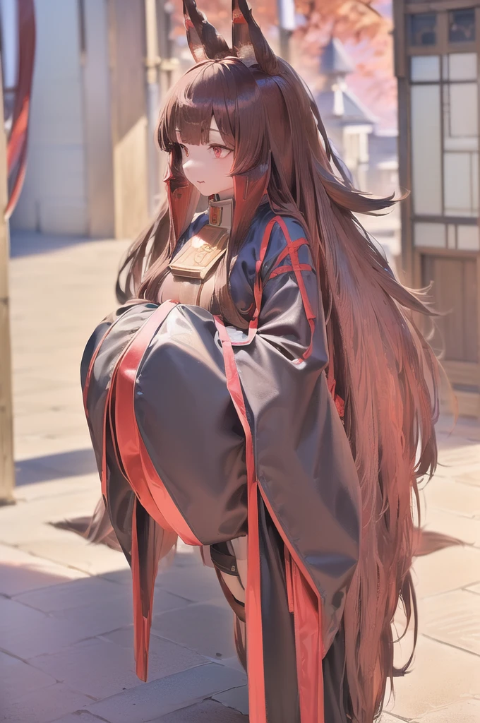 (((akagi_azur lane, red brown hair, long hair, very long hair, long shapeless hair, bangs, animal ears, fox ears, fox girl, animal ear fluff, red eyes, medium breasts, saggy breasts, wide hips, hourglass body shape))),