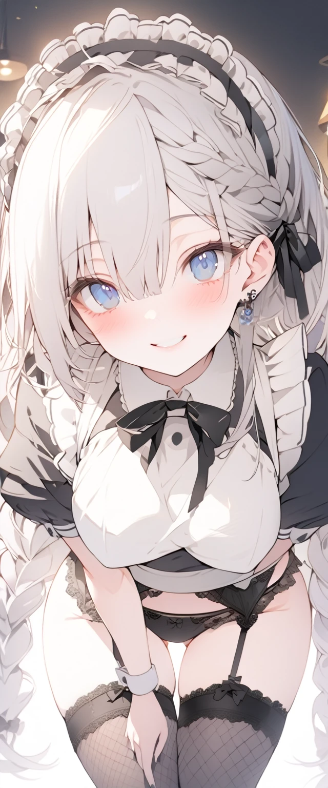 beautiful, masterpiece, Highest quality, anime, One girl, C Cup,Portrait Shot, View your viewers, Covered、Long Hair、nearby、Blue Eyes、art、White hair,black streaked hair, dark atmosphere、Thighs、Braid、Bunny Maid、Fishnet tights、Cafe、smile、garter belt