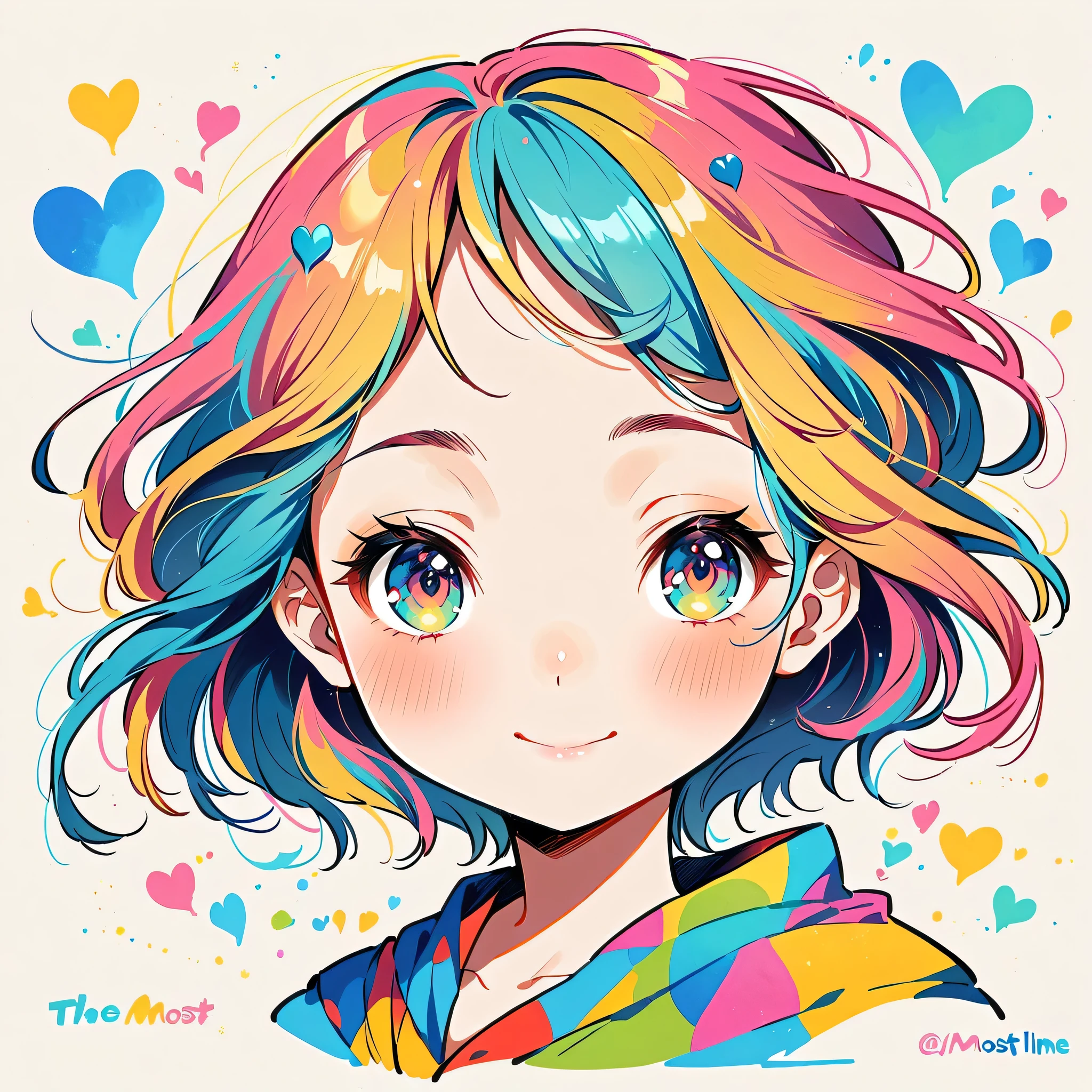 Mika Pikazo style, Simple Line Initialism，Abstract art，Urban Background, colorful hearts ,colorful hearts, (((The most beautiful girl of all time))), best smile