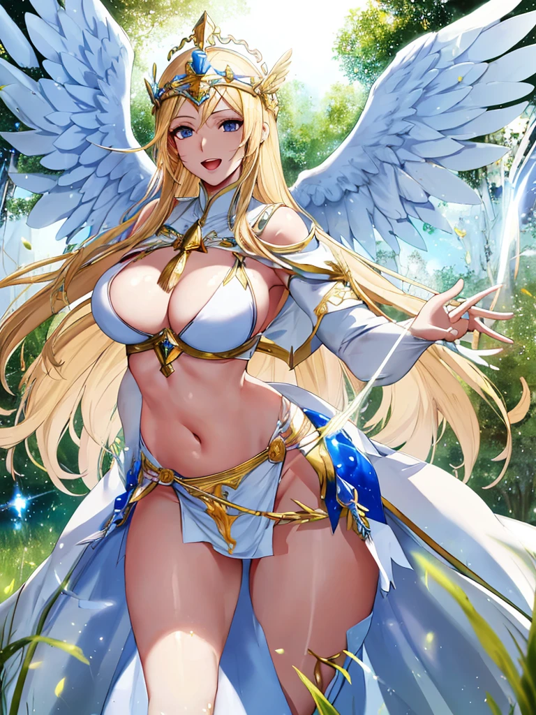 A priestess wearing a white bikini and running in the grass with beautiful form,Valkyrie,Angel Wings,belly button,Complex,Particles of light,Thighs,Shiny skin,Big Mouth、Long legs、Perfect lighting, One adult woman, Open Mouth Smile、(Highest quality), maternal, Porcelain-like skin, Honey Blonde Hair,Detailed blue eyes、Very long straight hair