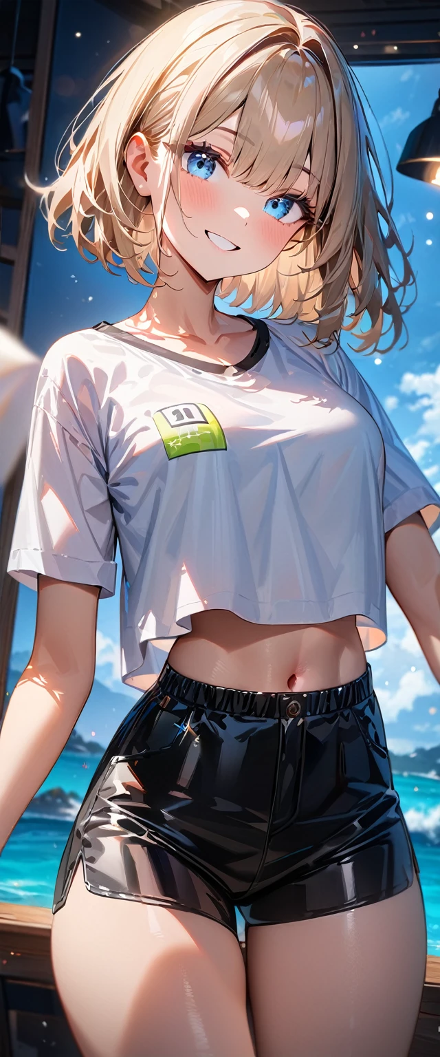 (((One girl))), beach, blond hair, bob cut, breasts, from front, (cowboy shot), standard body, (looking at viewer), ((black shorts)), ((black crop top overhang)), short sleeves, ((sunglasses)), hand to sunglasses, midriff peek, teenager, head tilt:1.3, (((blue eye))), ((happy smile)), anime style, (best quality, 4k, 8k, highres, masterpiece:1.2, ultra-detailed, ultra-detailed eyes, HDR, UHD, studio lighting, ultra-fine painting, sharp focus, physically-based rendering, extreme detail description, professional, vivid colors, bokeh), ((Highest quality, Best image quality, Ultra-high resolution, Ultra-high resolution, solo, Strong eye highlights)), Depth of written boundary, Natural soft light, attractive, Beautiful Face, Cleanliness, Pure Face, nedium chest, Beautiful Face, Perfect Fingers, Perfect hands, Perfect body, Perfect Face, Shine a light into your eyes, Perfect Anatomy