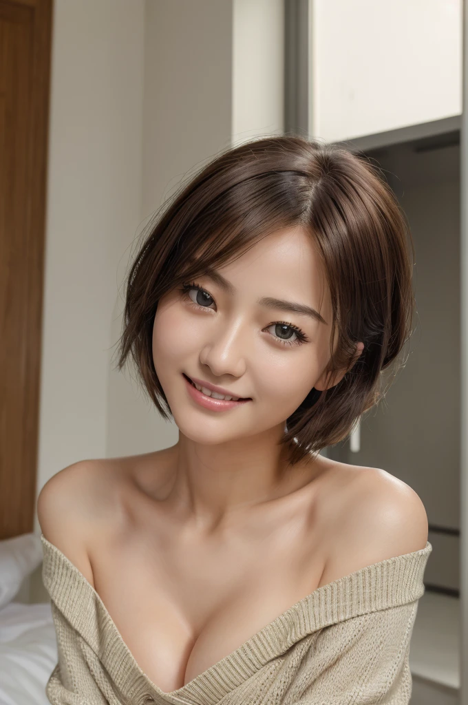 (masterpiece:1.3), (8K, Photorealsitic, Raw photography, Top image quality: 1.4), Japan high school girls、(Random hairstyles:1.2)、cleavage of the breast:1.2、Super Detail Face、Eye of Detail、double eyelid、Bring your chest together、sharp focus:1.2、prety woman:1.4、light brown hair、top-quality、masterpiece、超A high resolution、(Photorealsitic:1.4)、Highly detailed and professional lighting smile、Loose and light knitwear、Shoulder out、slender、serious facial expression、short-haired、Fatal position
