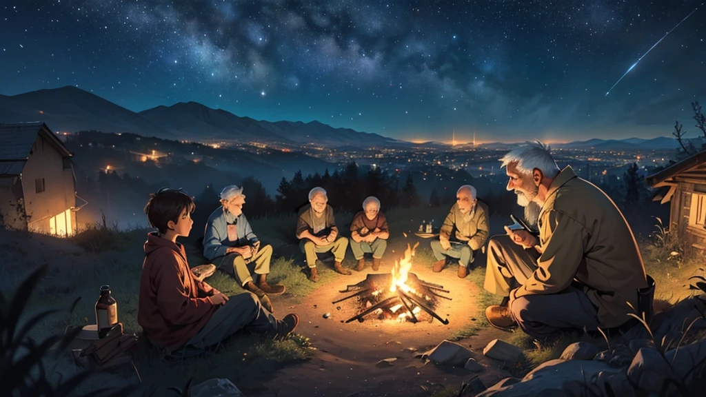 An old man sitting around a campfire giving a bunch of kids a story on a hill top with a dark abandoned city in the background in a dark night with a very starry night