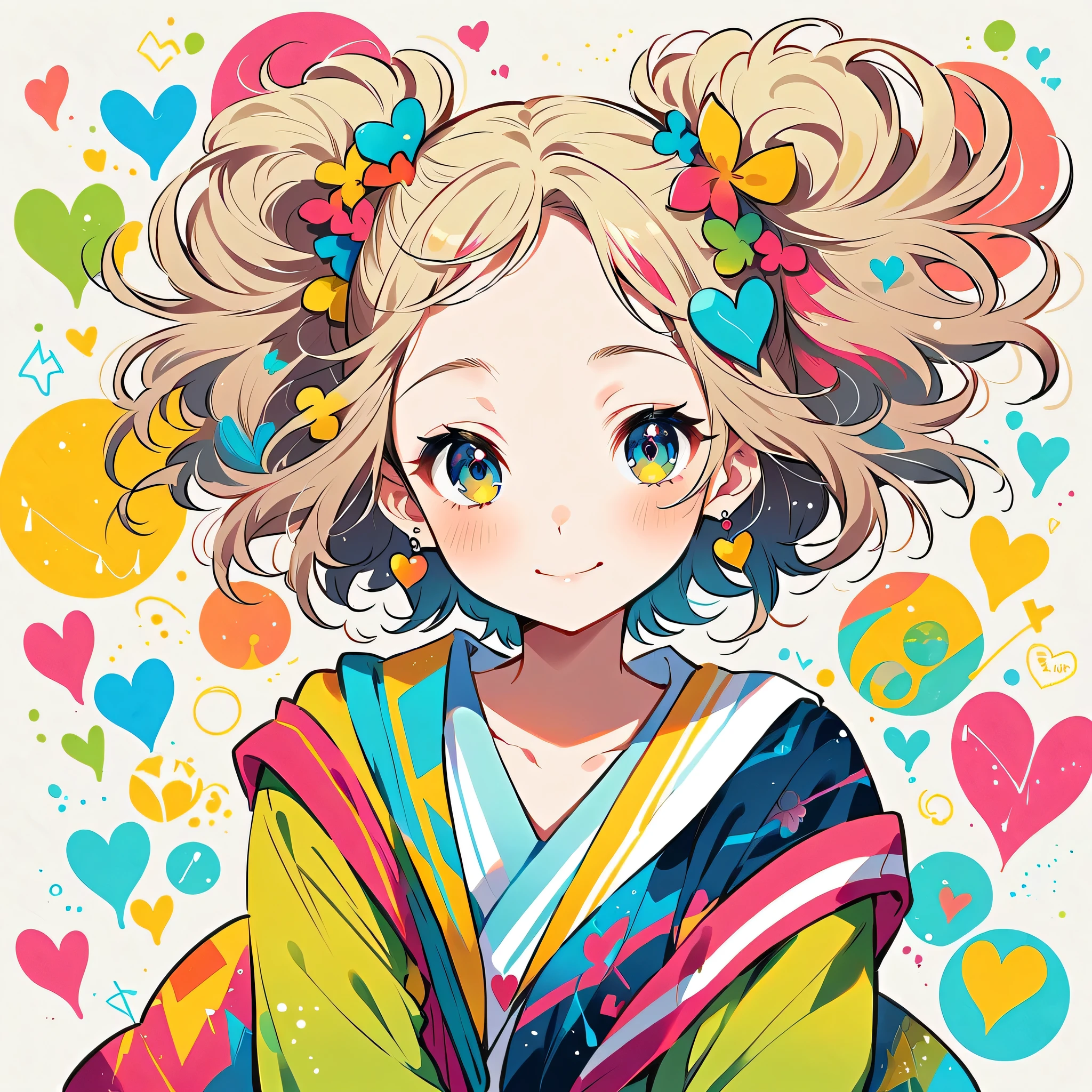 Mika Pikazo style, Simple Line Initialism，Abstract art，Urban Background, colorful hearts ,colorful hearts, (((The most beautiful girl of all time))), best smile