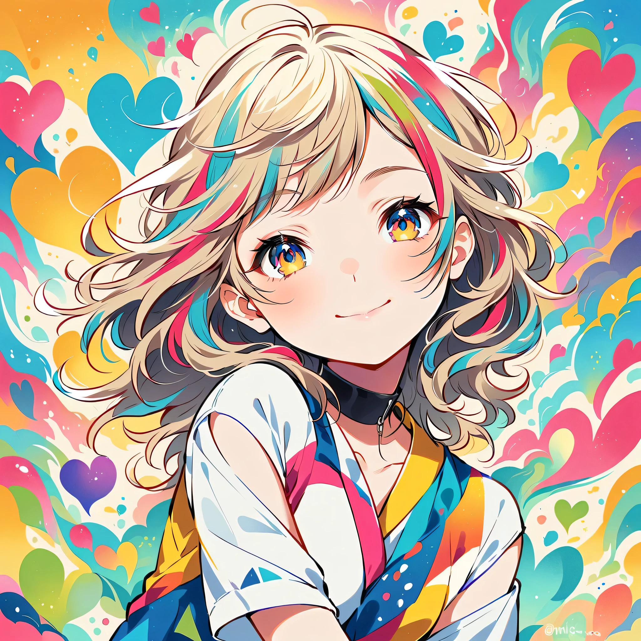 Mika Pikazo style, Simple Line Initialism，Abstract art，Urban Background, colorful hearts ,colorful hearts, (((The most beautiful girl of all time))), best smile