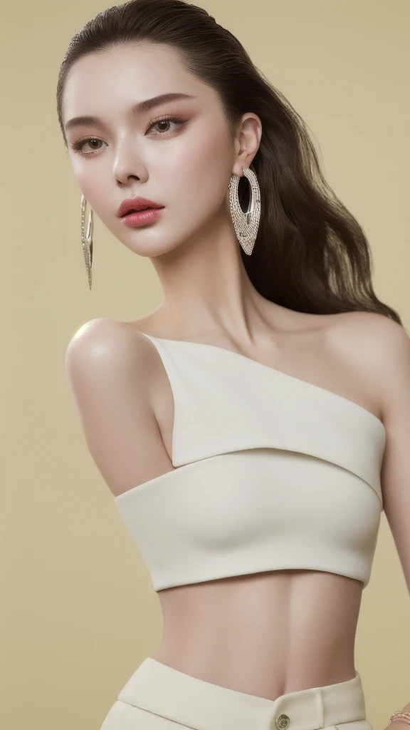 masterpiece, best quality, solo, 1girl, luminous skin, hoop earrings, glamorous, whimsical details, slicked hair, mesmerizing, bare shoulder, crop top, long pants, shallow depth of field, contrapposto, professional model, face front, portrait 