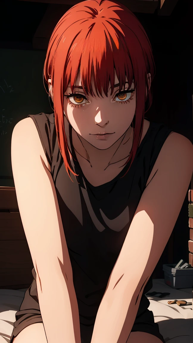 The character Makima from the anime series Chainsaw Man, fragile, full length (Full body 1.1.), dark background, darkness, Correct anatomy 1.1, holds his hands behind his back, correct hand anatomyVery sexy, erotica, very feminine, beautiful figure, legs, buttocks, Beautiful body, red hair, orange eyes, Red circles for schoolchildren, summer dress, sexy pose, realistic, very detailed, Beautiful body, detailed body, detailed hands, detailed, Vibrating, detailed Face, Makima character design. very detailed, detailed body, detailed hands, detailed Face, anime art, Hugh Details, Very downcast face, detailed eyes, Super thin illustration, best shadow, Fine detail, beautiful detailed glow, beautiful detailed, Extraordinarily beautiful, extremely detailed, inexpressive, epic composition, Anime style. anime art anime art, Anime style,