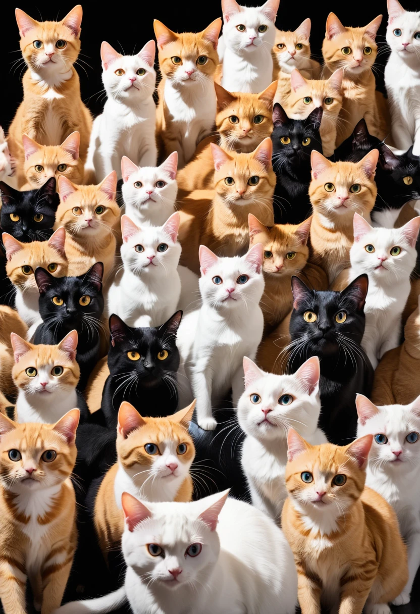 A lot of cats,Stacked on top of each othell the screen,Hyper-exposure