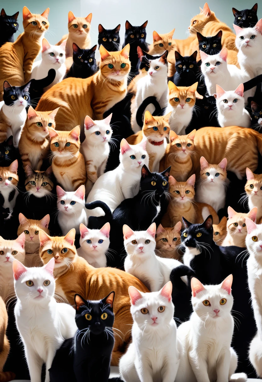 A lot of cats,Stacked on top of each othell the screen,Hyper-exposure