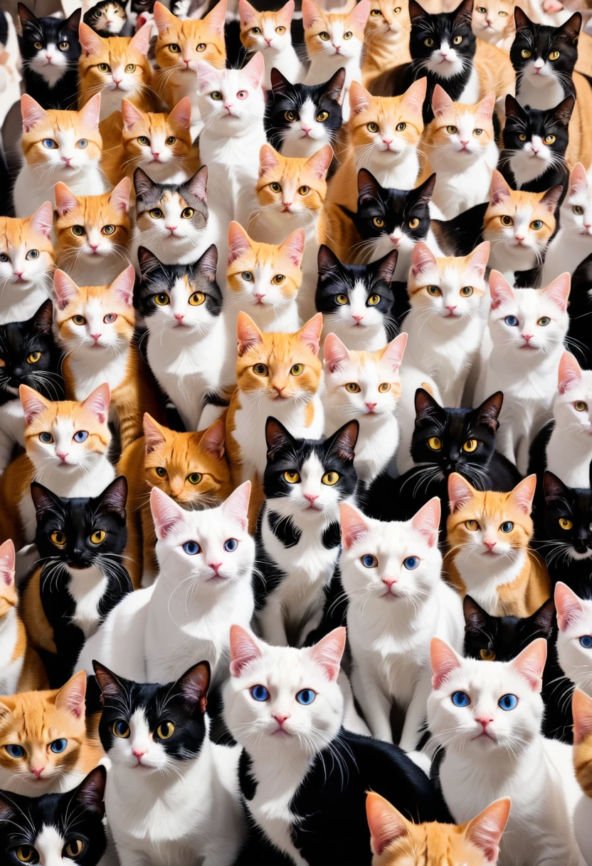 A lot of cats，Stacked on top of each othell the screen，Hyper-exposure