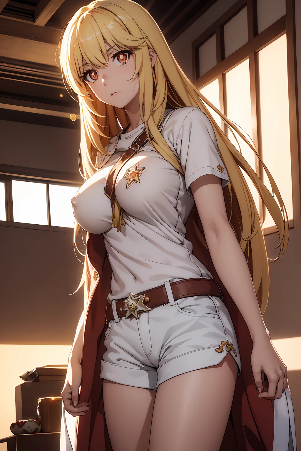 NSFW Highest quality, (masterpiece:1.2),{{Shirt lift}} {{{{{topless}}}}++,misaki shokuhou blonde, Shorts, White knee socks, Destroy Outdoor, city, null, sun, cloud, 壊す looking at viewer, (Cowboy Shot:1.5), Breaking long hair, (Symbol-shaped pupil:1.5)++, (Big Breasts), (masterpiece:1.2), Highest quality, High resolution, unity 8k wallpaper, (shape:0.8), (Beautiful attention to detail:1.6), Highly detailed face, Perfect lighting, Extremely detailed CG, (Perfect hands, Perfect Anatomy), Bedroom Mood lighting