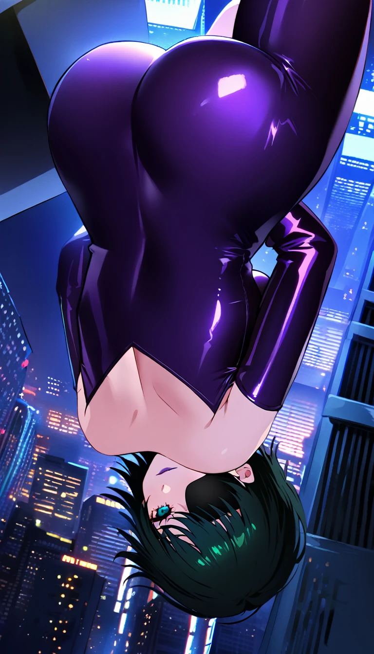 himeno, himeno(Chainsaw Man), 1girl, black hair, short hair, eyepatch, Himeno(Chainsaw Man), solo, seductive smile, Villains, latex purple leotard, purple lips, back shot, from front, handstand, upside-down face, dramatic angle, unique perspective, unique angle, View your audience, Night town, City, skyscraper, Night, Dark, masterpiece, Top animation quality,Top image quality,
