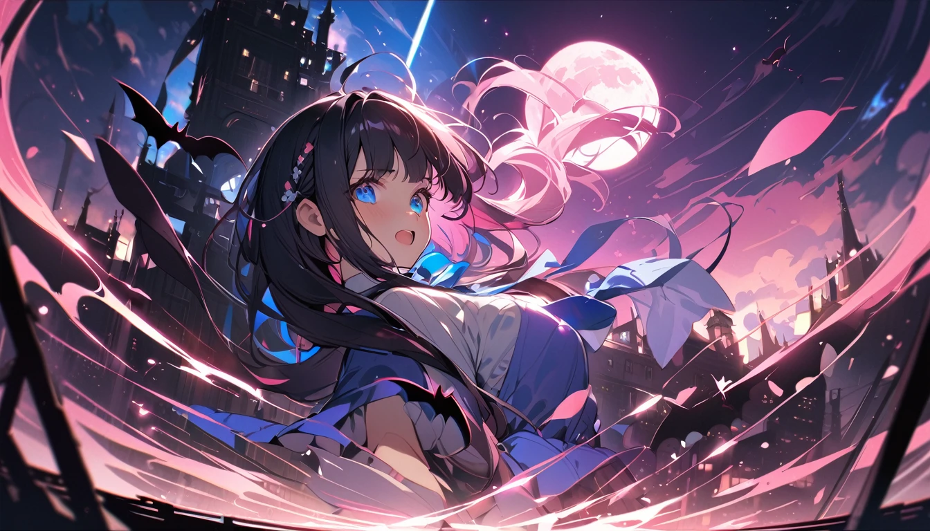 BREAK 1 girl, long hair, black hair, straight hair, short bangs above brows, blue eyes, (worried:1.2), open mouth,
BREAK (masterpiece), (high resolution 8K), cinematic lighting, professional lighting, detailed eyes and face, detailed body,
BREAK white shirt, blue bowtie, pleated skirt,
BREAK very wide, panorama view, sense of depth, magnificent view,
BREAK visual impact, flying shadow, flying bats, bats shadow, grow pink moon, round frame, full moon, lamp, city of night, in street, large gate,