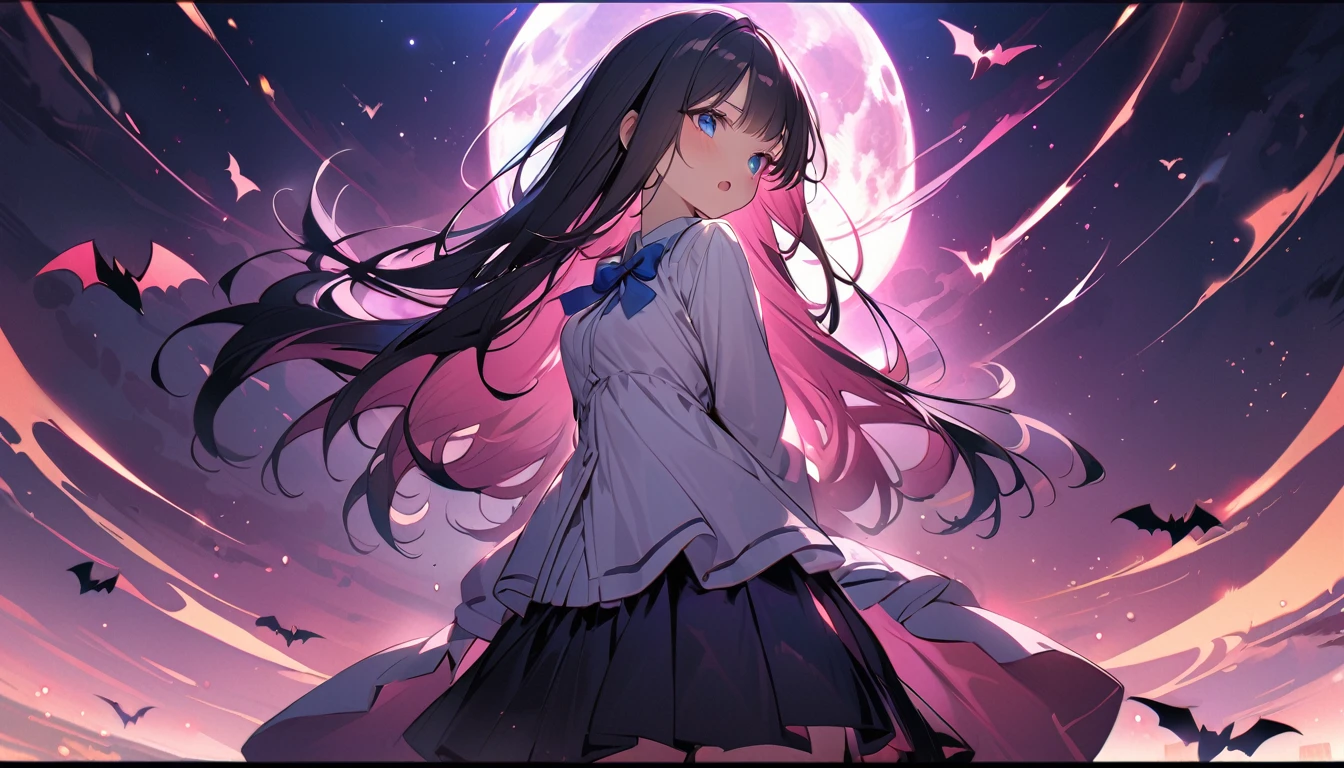 BREAK 1 girl, long hair, black hair, straight hair, short bangs above brows, blue eyes, (worried:1.2), open mouth,
BREAK (masterpiece), (high resolution 8K), cinematic lighting, professional lighting, detailed eyes and face, detailed body,
BREAK white shirt, blue bowtie, pleated skirt,
BREAK very wide, panorama view, sense of depth, magnificent view,
BREAK visual impact, flying shadow, flying bats, bats shadow, grow pink moon, round frame, full moon, lamp, city of night, in street, large gate,
