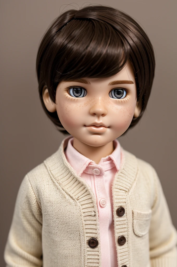 white skinned boy with freckles, short straight tousled dark brown hair, dark brown eyes, with a pink cardigan and details of white stars, blythe doll man
