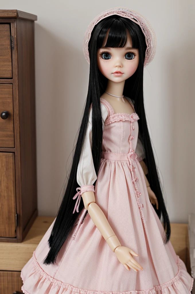make a white blythe doll with long straight black hair, dark eyes, pink dress with pink cheeks and long eyelashes