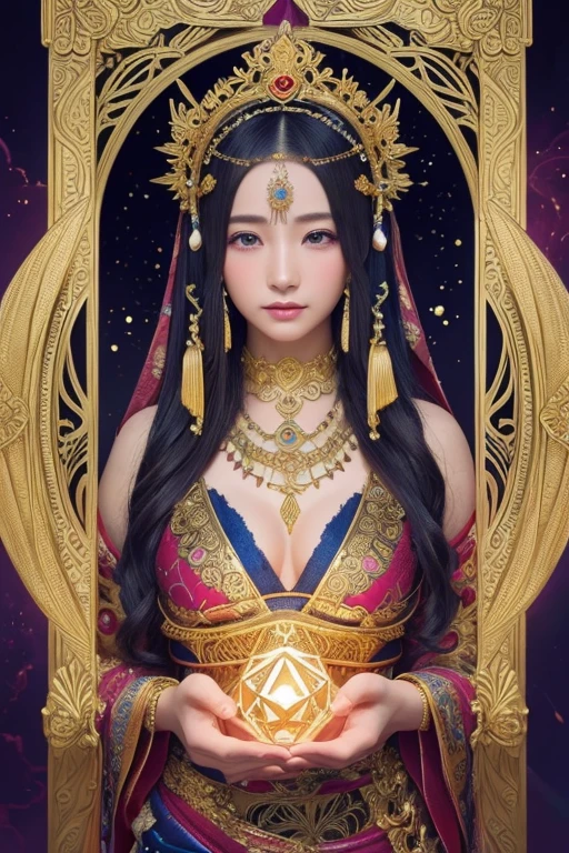 (masterpiece, Highest quality, Highest quality, Official Art, beautiful and aesthetic:1.2), (One girl), Very detailed,colorful,Most detailed, Official Art, unity 8k wallpaper, Super detailed, beautiful and aesthetic, beautiful, masterpiece, Highest quality, (zenTangle, Mandala, Tangle, enTangle) 、,Gold foil,Gold leaf art,Sparkly Painting, Perfect NwsjMajic、Has a large crystal、Amaterasu Omikami、fortune teller、Love Advice、Golden Room、 information


