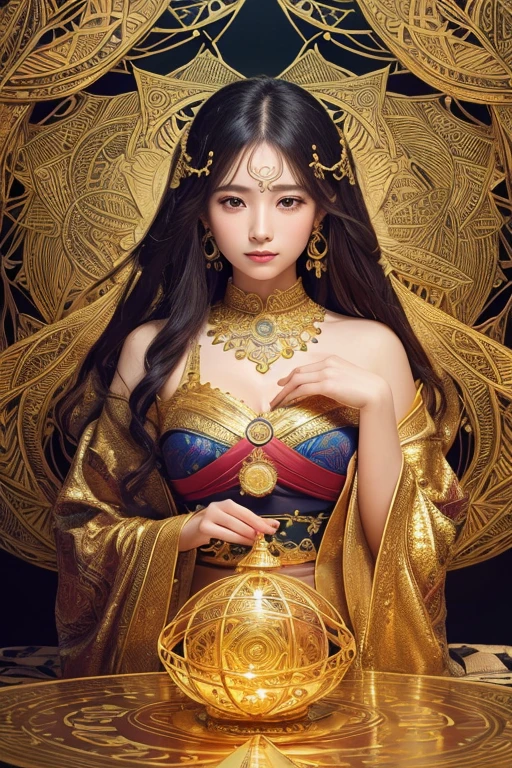 (masterpiece, Highest quality, Highest quality, Official Art, beautiful and aesthetic:1.2), (One girl), Very detailed,colorful,Most detailed, Official Art, unity 8k wallpaper, Super detailed, beautiful and aesthetic, beautiful, masterpiece, Highest quality, (zenTangle, Mandala, Tangle, enTangle) 、,Gold foil,Gold leaf art,Sparkly Painting, Perfect NwsjMajic、Has a large crystal、Amaterasu Omikami、fortune teller、Love Advice、Golden Room、 information