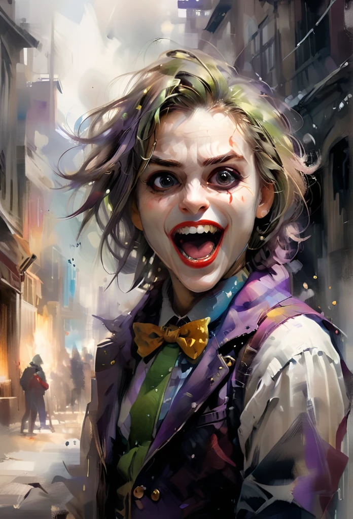 a painting of an Joker with its mouth open, popular on art station, laughter and screaming face, the artist has used bright, by Peter Rockwell, digital photo, exaggerated expression, close to the camera, cheerful, whiskers, smiling at the viewer, by Suzy Rice, watercolor, oil and watercolor painting