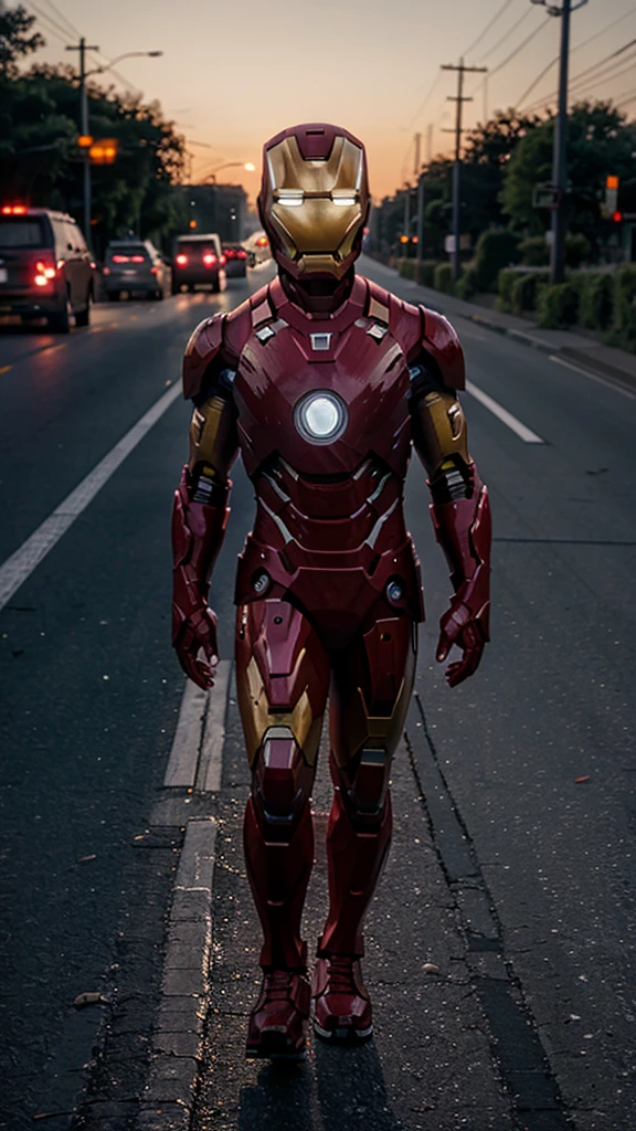 A 3 year old iron man boy without a head covering is walking , background of a nighttime highway and a burning car, real photo, professional photo, realistic photo, clear photo, full HD, 4k