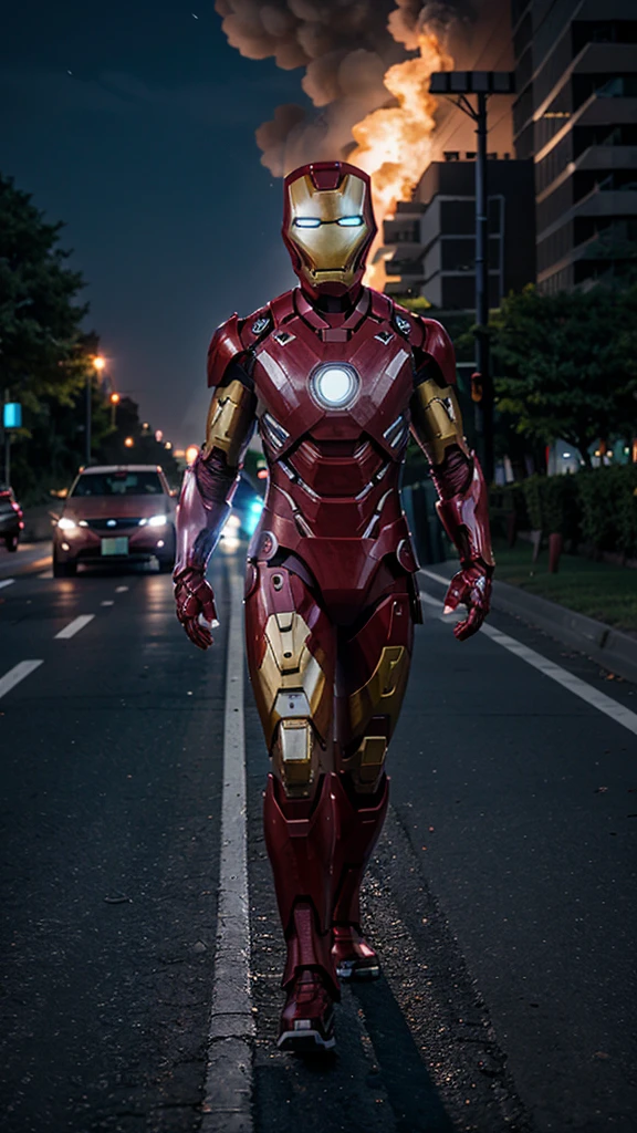 A 3 year old iron man boy without a head covering is walking , background of a nighttime highway and a burning car, real photo, professional photo, realistic photo, clear photo, full HD, 4k