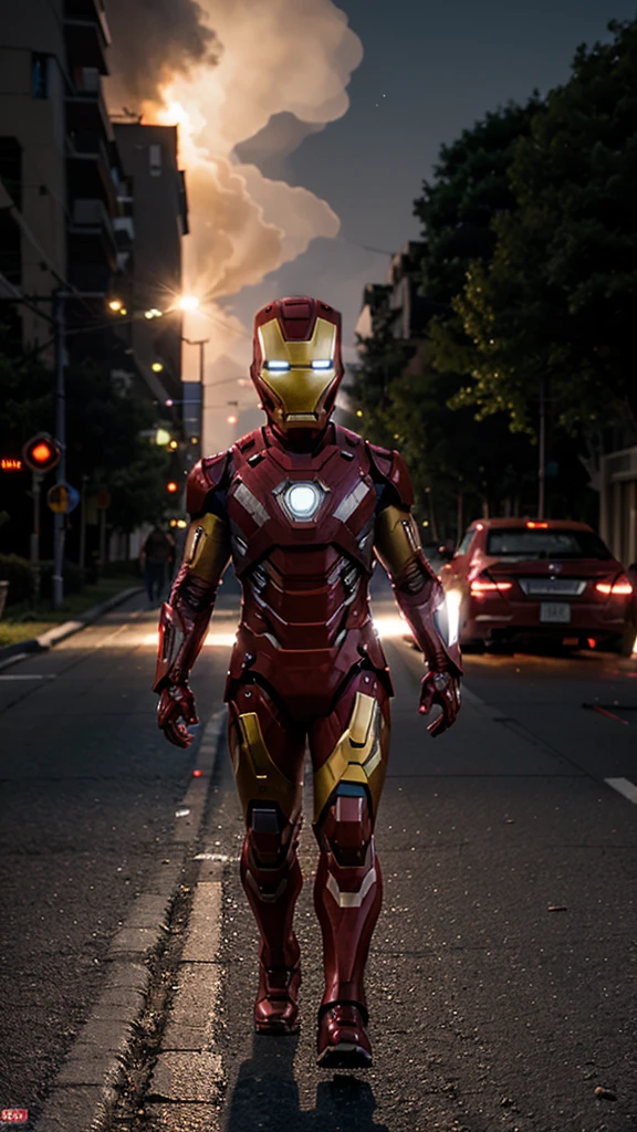 A 3  iron man boy without a head covering is walking , background of a nighttime highway and a burning car, real photo, professional photo, realistic photo, clear photo, full HD, 4k 