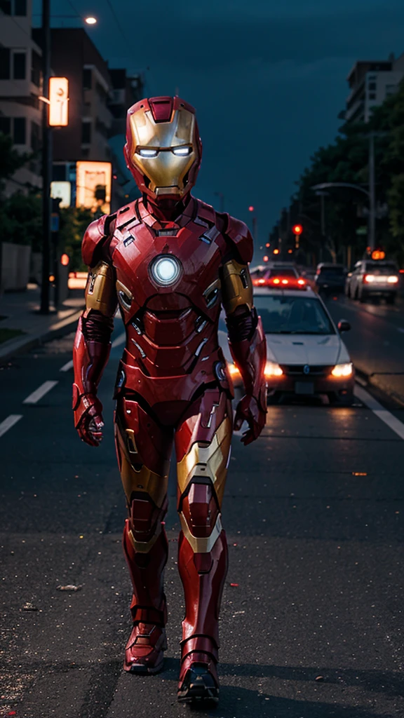 A 3 year old iron man boy without a head covering is walking , background of a nighttime highway and a burning car, real photo, professional photo, realistic photo, clear photo, full HD, 4k 