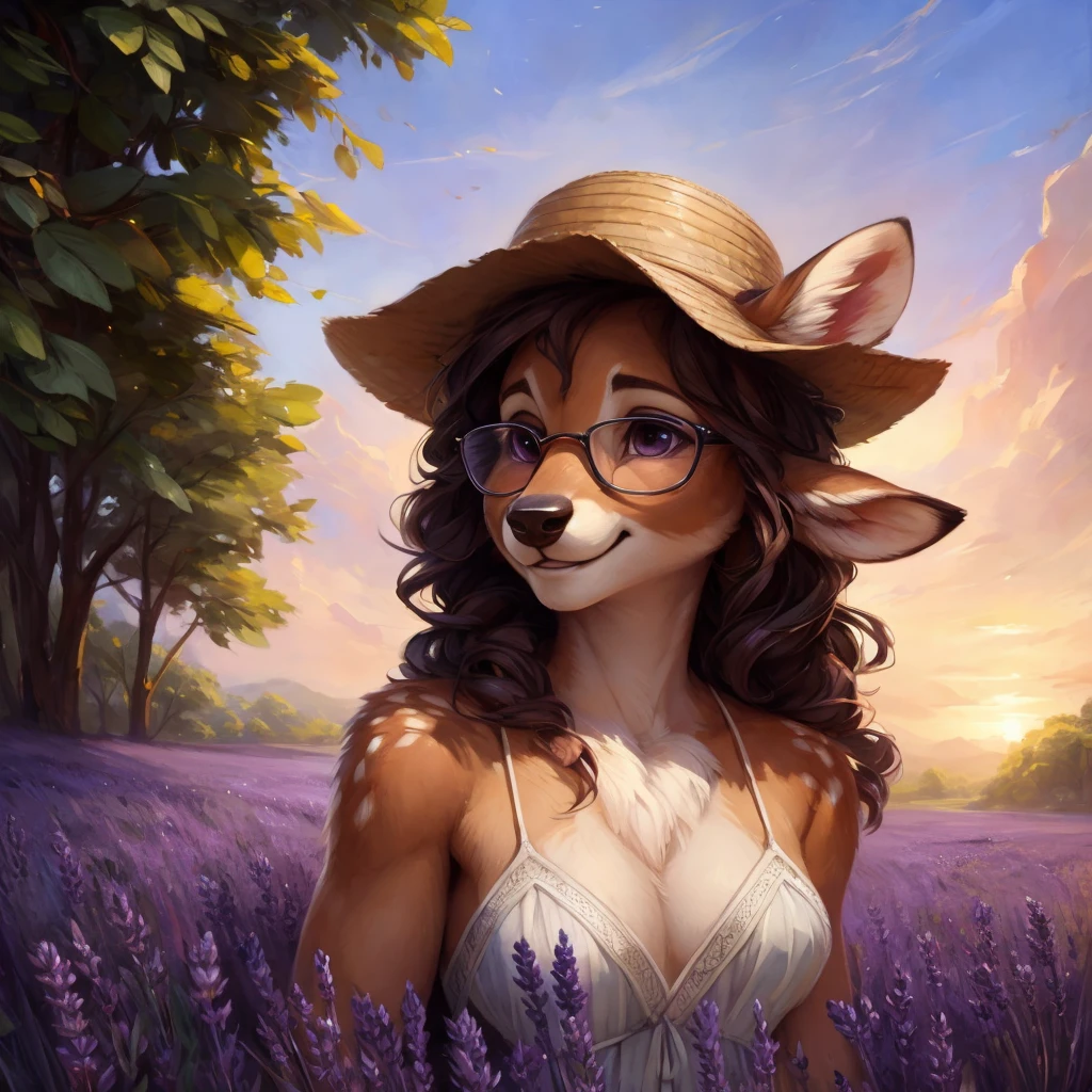 uploaded on e621, by Pixelsketcher, by Bayard Wu, by Thomas Benjamin Kennington , by Einshelm, by hioshiru and kenket, Chunie, portrait, solo anthro female deer doe, with small featureless breasts, clear dark blue, cinematic lighting, day, sunny day, lavender field, stays in a lavender field, lavender field background, mediterranean background, horizon background, shiny, short curly dark brown hair, wears big black nerd glasses, very very beautiful furry art, furry art, smiling, joyful, shiny, happy, feminine, cute face, muzzle, fluffy chest, flawless face, Fallow deer, 1girl, Sakimichan is beautiful, Masterpiece, Wavethesallow Face, shiny, Detailed image, portrait, Detailed image, portrait, full body, wearing pure white and wide spaghetti straps dress, wearing big and wide beige summer straw hat, shiny, realistic face, perfect anatomy, hourglass body, (furry body:1.1), anthropomorphic deer, looks at the viewer, small fluffy tail, detailed background, (cute anatomy:1.1), stands in a lavender field