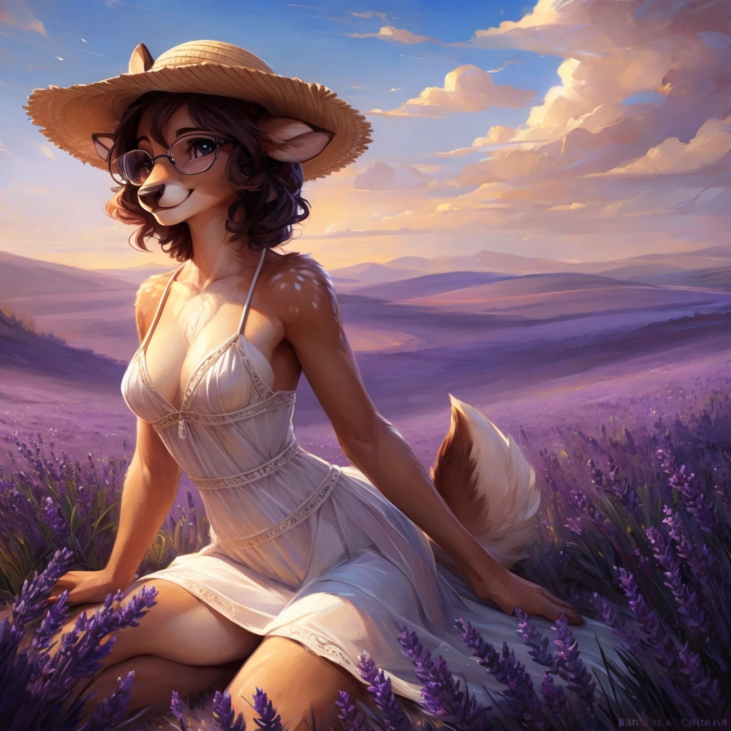 uploaded on e621, by Pixelsketcher, by Bayard Wu, by Thomas Benjamin Kennington , by Einshelm, by hioshiru and kenket, Chunie, portrait, solo anthro female deer doe, with small featureless breasts, clear dark blue, cinematic lighting, day, sunny day, lavender field, stays in a lavender field, lavender field background, mediterranean background, horizon background, shiny, short curly dark brown hair, wears big black nerd glasses, very very beautiful furry art, furry art, smiling, joyful, shiny, happy, feminine, cute face, muzzle, fluffy chest, flawless face, Fallow deer, 1girl, Sakimichan is beautiful, Masterpiece, Wavethesallow Face, shiny, Detailed image, portrait, Detailed image, portrait, full body, wearing pure white and wide spaghetti straps dress, wearing big and wide beige summer straw hat, shiny, realistic face, perfect anatomy, hourglass body, (furry body:1.1), anthropomorphic deer, looks at the viewer, small fluffy tail, detailed background, (cute anatomy:1.1), stands in a lavender field