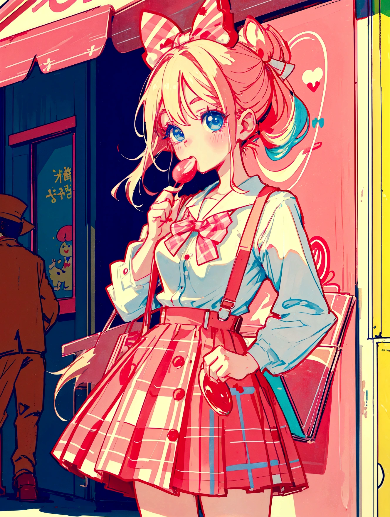 A cute girl,Anime art style,Head close-up,Big eyes with long eyelashes,Hair tied at the back,A big bow adorns a red and white box,She eats a lollipop in a retro dessert shop with a vintage neon sign,Surrounded by colorful desserts poster。She has blue eyes and fair skin.。She was wearing a red and white plaid suspender skirt,A bow is tied around the neck。Bright colors,Strong contrast,Kawaii punk aesthetic