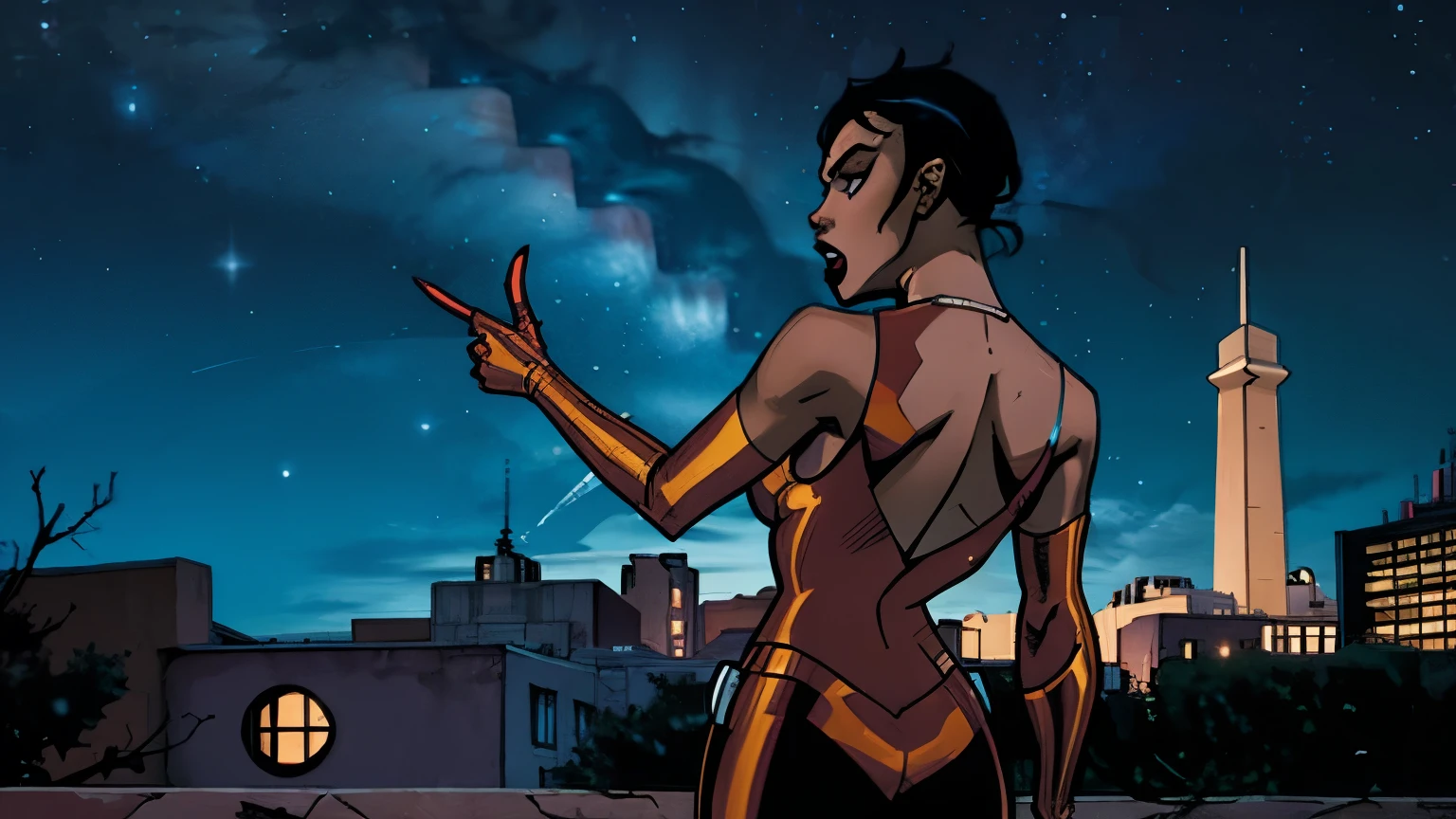 Vixen from DC comics, pointing at something, angry, screaming, backside view, night time, night sky background