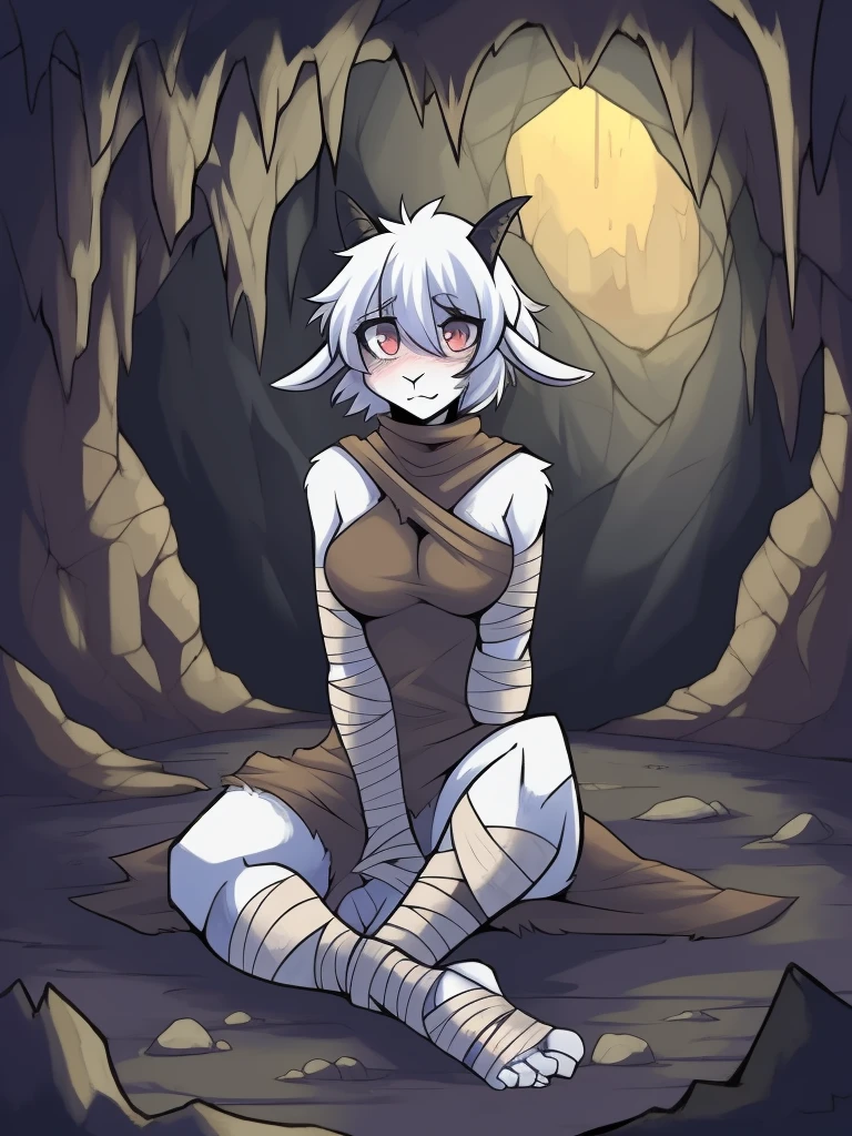1girl, furry, furry_female, goat_ears, goat_girl, solo, slave, tattered rags, bandaged feet, humanoid feet, slave_girl, sitting in cave,