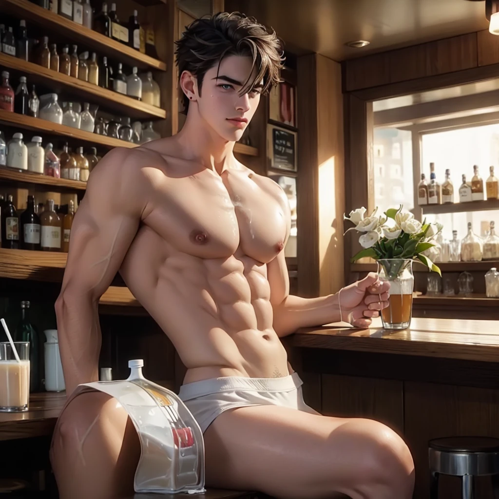 A cartoon picture of a man with a milk carton, milkman sexy, milkboys sexys, glass of milk, milk, bar, flowing milk, sea of milk, drinking at the bar, milkshake, spilled milk, yaoi, bartending, ricardo milos, in billy herrington body, inside a bar, puddle of milk, sitting at the bar, top milk brands, full calidad, 4k, full hd, calidad alta, calidad de cine, milkman naked