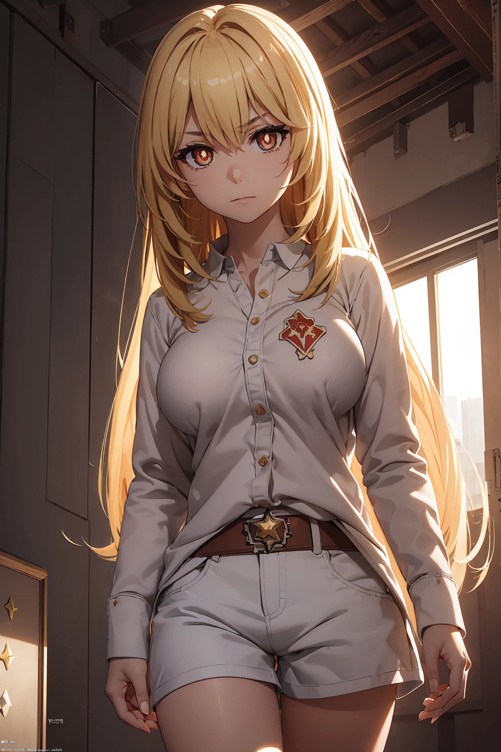 NSFW Highest quality, (masterpiece:1.2),{{Shirt lift}} {{{{{topless}}}}++,misaki shokuhou blonde, Shorts, White knee socks, Destroy Outdoor, city, null, sun, cloud, 壊す looking at viewer, (Cowboy Shot:1.5), Breaking long hair, (Symbol-shaped pupil:1.5)++, (Big Breasts), (masterpiece:1.2), Highest quality, High resolution, unity 8k wallpaper, (shape:0.8), (Beautiful attention to detail:1.6), Highly detailed face, Perfect lighting, Extremely detailed CG, (Perfect hands, Perfect Anatomy), Bedroom Mood lighting