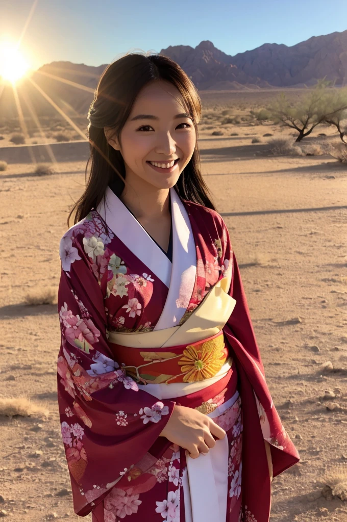 A beautiful smiling woman in a kimono in the sunlit desert