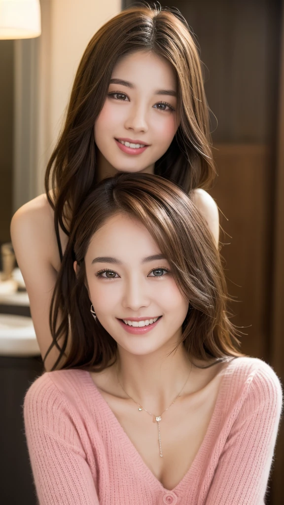 ((Night, Realistic Light, Best Quality, 8K, Masterpiece: 1.3)), 1girl, Slim Beauty: 1.4, Abs: 1.1, (Brown hair, Medium breasts: 1.3), Long pink sweater: 1.1, Bathroom, Super fine face, Delicate eyes, Double eyelids, smile, necklace