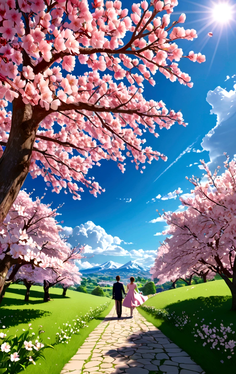 A girl with a boy , beautiful colours, trees , cherry blossom , High quality image, full details, nice colour, master peace, bright colours, clouds wallpaper, most beautiful blue sky and clouds, wallpaper, HD, 3D image, 4k quality, morning, sun , 