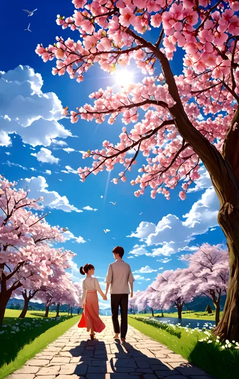 a girl with a boy , beautiful colours, trees , cherry blossom , high quality image, full details, nice colour, master peace, bri...