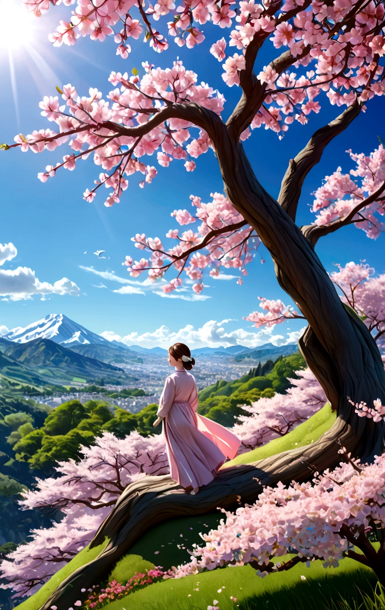 A girl with a boy , beautiful colours, trees , cherry blossom , High quality image, full details, nice colour, master peace, bright colours, clouds wallpaper, most beautiful blue sky and clouds, wallpaper, HD, 3D image, 4k quality, morning, sun , 