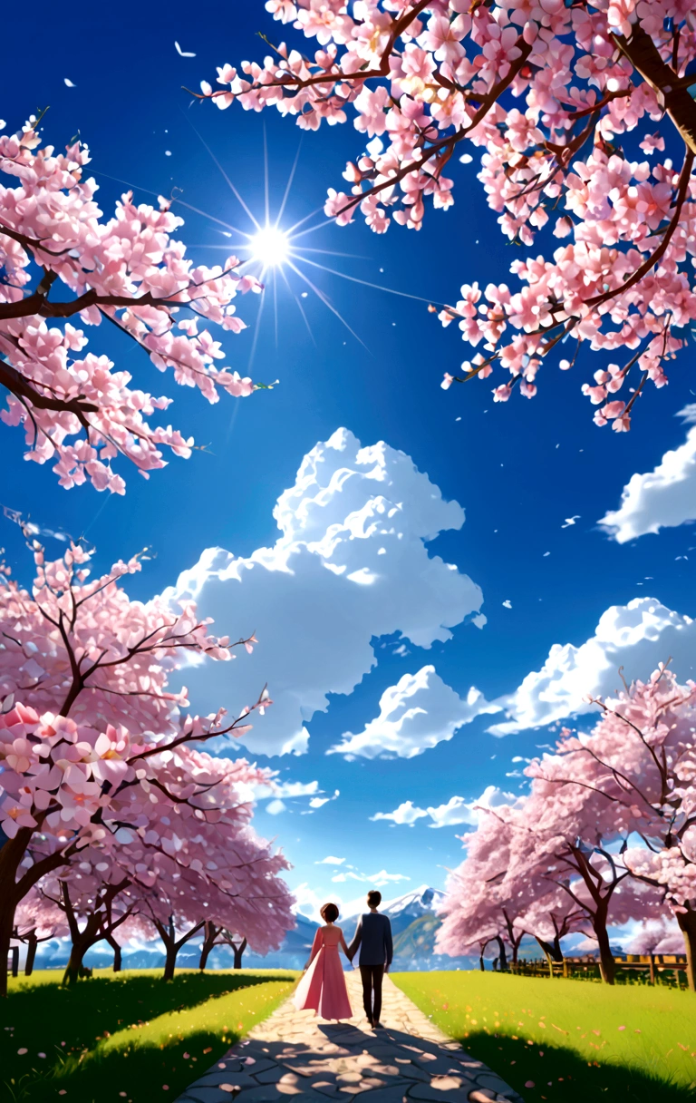 A girl with a boy , beautiful colours, trees , cherry blossom , High quality image, full details, nice colour, master peace, bright colours, clouds wallpaper, most beautiful blue sky and clouds, wallpaper, HD, 3D image, 4k quality, morning, sun , 