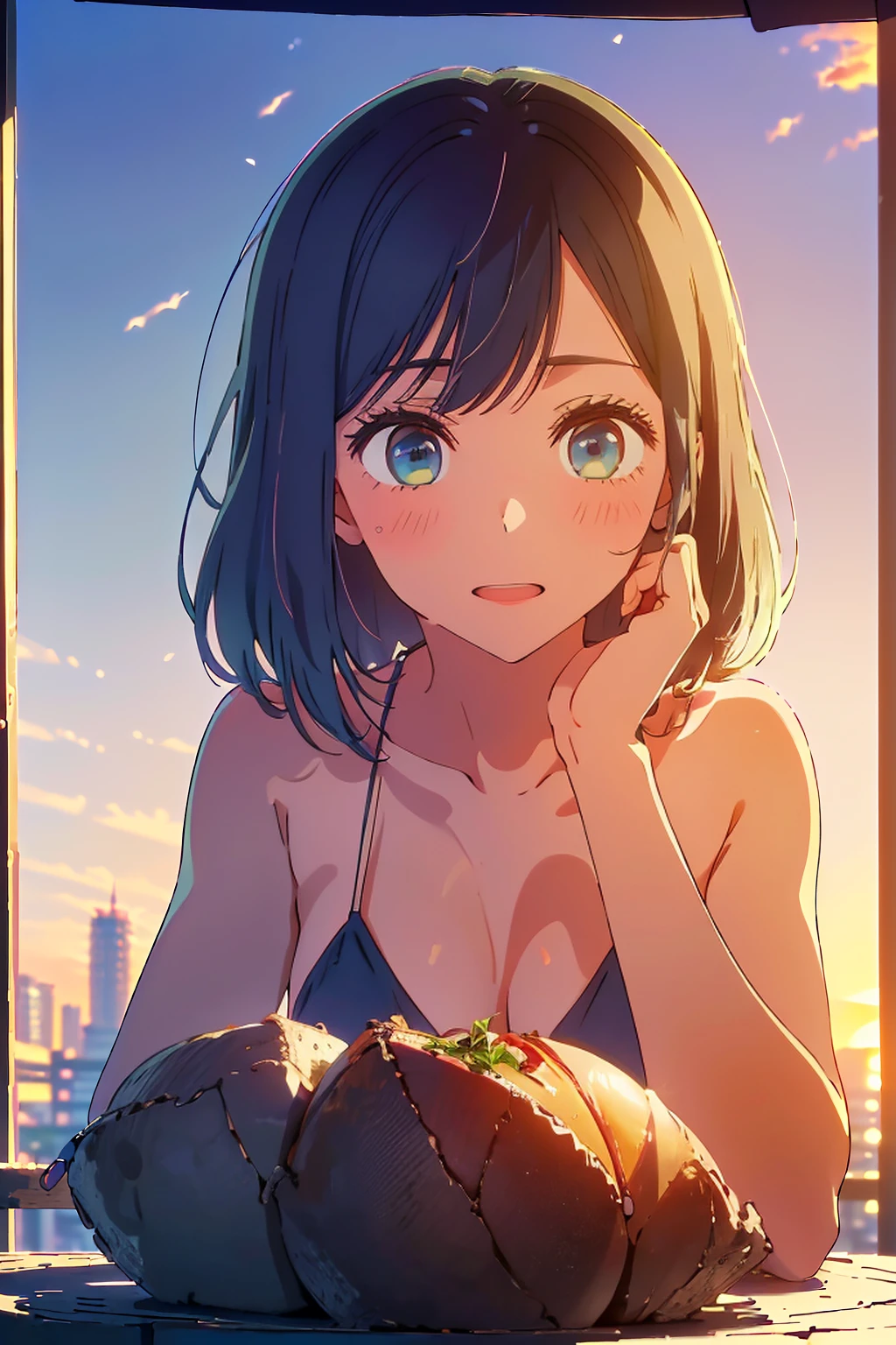 (Highest quality:1.4、masterpiece:1.4、Super detailed:1.4、8K:1.4)、F cup bust、Big Breasts、Slim body、((((1 person、Surprised expression、Sit on a chair、In the background are the urban buildings of Tokyo、looking at the camera、Outdoor café terrace、Sunset Beach、Navy hair color、Shooting from a distance、juice、table、sunset、Very cute face))))、(Pose with hands tucked behind ears:1.4、Cheek resting on hand:1.4）、((nude、Areola、bikini size too small))、A completely cloudless sky、Big eyes、((((Shallow depth of field))))、Photographing the upper body