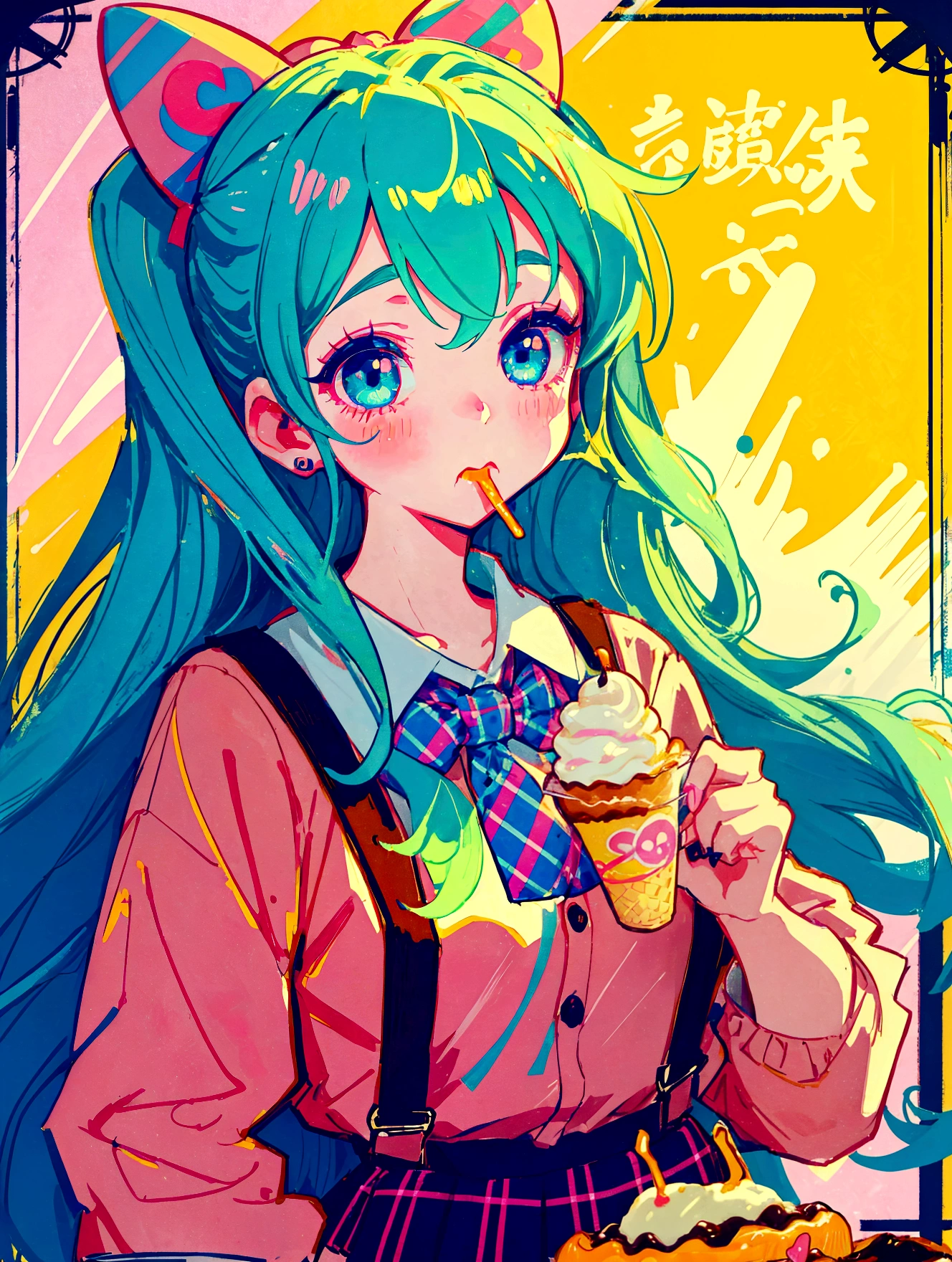 A cute girl，Anime art style，Head close-up，Big eyes with long eyelashes，Hair tied at the back，The big bow is decorated with colorful plaid，She eats ice cream in a retro dessert shop with a vintage neon sign，Surrounded by colorful desserts poster。She has blue eyes and fair skin.。She was wearing a green plaid suspender skirt，A bow is tied around the neck。Bright colors，Strong contrast，Kawaii punk aesthetic