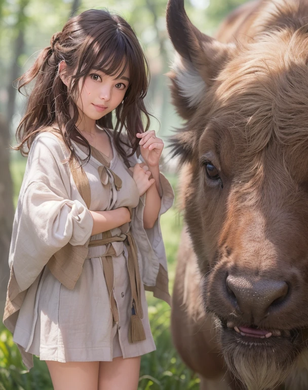 Highest quality, Face Focus, Soft Light, (Depth of written boundary) ,Ultra-high resolution, (Realistic:1.4), RAW Photos,
(Upper thigh:1.4) ,(from the front)
1 Japanese girl, alone, cute, (shy, smile:1.1), (Brown eyes),  Beautiful face in every detail, (midi_hair ), 
garden,(Are standing)
(Linen clothes)     A character that combines a buffalo and a human　Buffalo Man Toshihiko Kobayashi　Suddenly born　少女とBuffalo Man Toshihiko Kobayashiがチームを組んで　Fighting the demons of the world