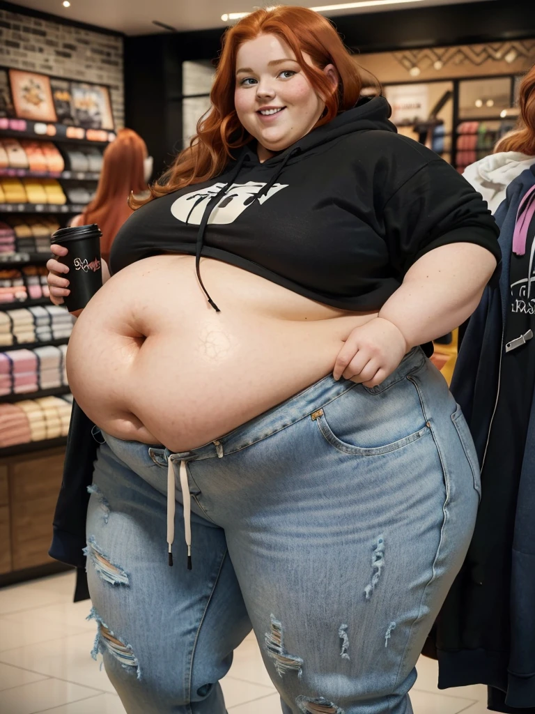 A happy photo of a young cute redhead bbw with long wavy ginger hair, huge soft fat belly, wide fat obese hips, thick fat legs and fat arms, cute pretty face, small breasts, blue eyes, freckles, in a cute black hoodie with a little belly showing under it, and long ripped jeans trousers, shopping new hoodies in a clothes shop