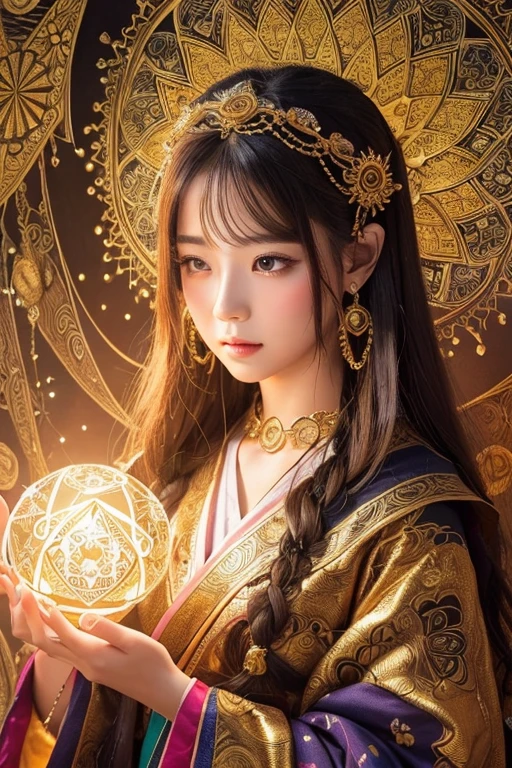 (masterpiece, Highest quality, Highest quality, Official Art, beautiful and aesthetic:1.2), (One girl), Very detailed,colorful,Most detailed, Official Art, unity 8k wallpaper, Super detailed, beautiful and aesthetic, beautiful, masterpiece, Highest quality, (zenTangle, Mandala, Tangle, enTangle) 、,Gold foil,Gold leaf art,Sparkly Painting, Perfect NwsjMajic、Has a large crystal、Amaterasu Omikami、fortune teller、Love Advice、Golden Room、 information