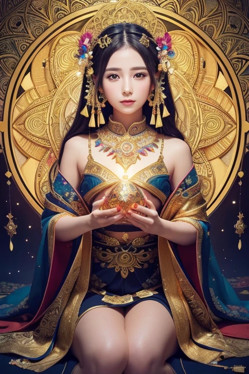 (masterpiece, Highest quality, Highest quality, Official Art, beautiful and aesthetic:1.2), (One girl), Very detailed,colorful,Most detailed, Official Art, unity 8k wallpaper, Super detailed, beautiful and aesthetic, beautiful, masterpiece, Highest quality, (zenTangle, Mandala, Tangle, enTangle) 、,Gold foil,Gold leaf art,Sparkly Painting, Perfect NwsjMajic、Has a large crystal、Amaterasu Omikami、fortune teller、Love Advice、Golden Room、 information