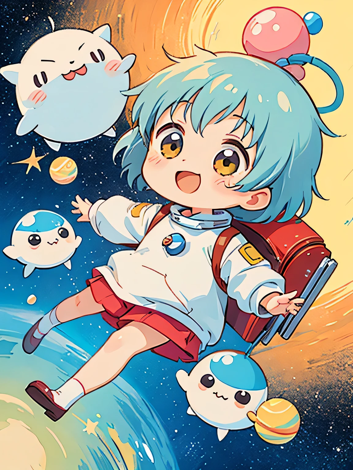 Hayao Miyazaki style、Kawaii Design, The most beautiful girl of all time、chibi, Space Travel, Happy smile, hope