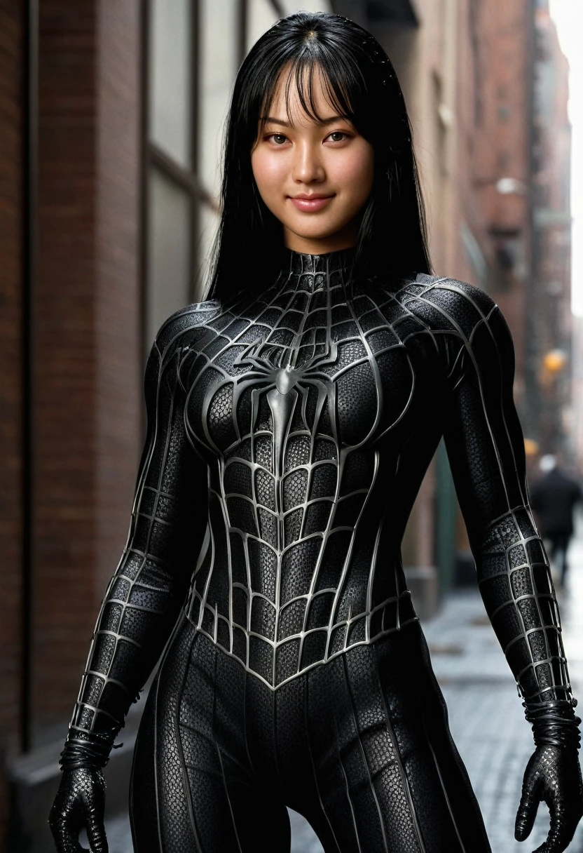 score_9, score_8_up, score_7_up, best quality, realistic, masterpiece, beautiful detail, hyperrealistic, (1girl, woman body, smile, black hair), big breasts:1, amazing detailed full body portrait of a beautiful japanese girl, defined muscle girl, wearing a realistic and highly detailed black raimi spider-man suit, ((huge muscular girl)), professional model wears ultra - detailed black raimi spider - man suit, ultra - detailed and grained black raimi spiderman suit, suit covered entire body and hand, black spiderman gloves, wet, (looking at camera), (full body), (dirty skin), close up, octane render, highly detailed, volumetric, dramatic lighting, (highest quality:1.1), (HDR:1.3), (top quality, best quality), realistic, high definition,