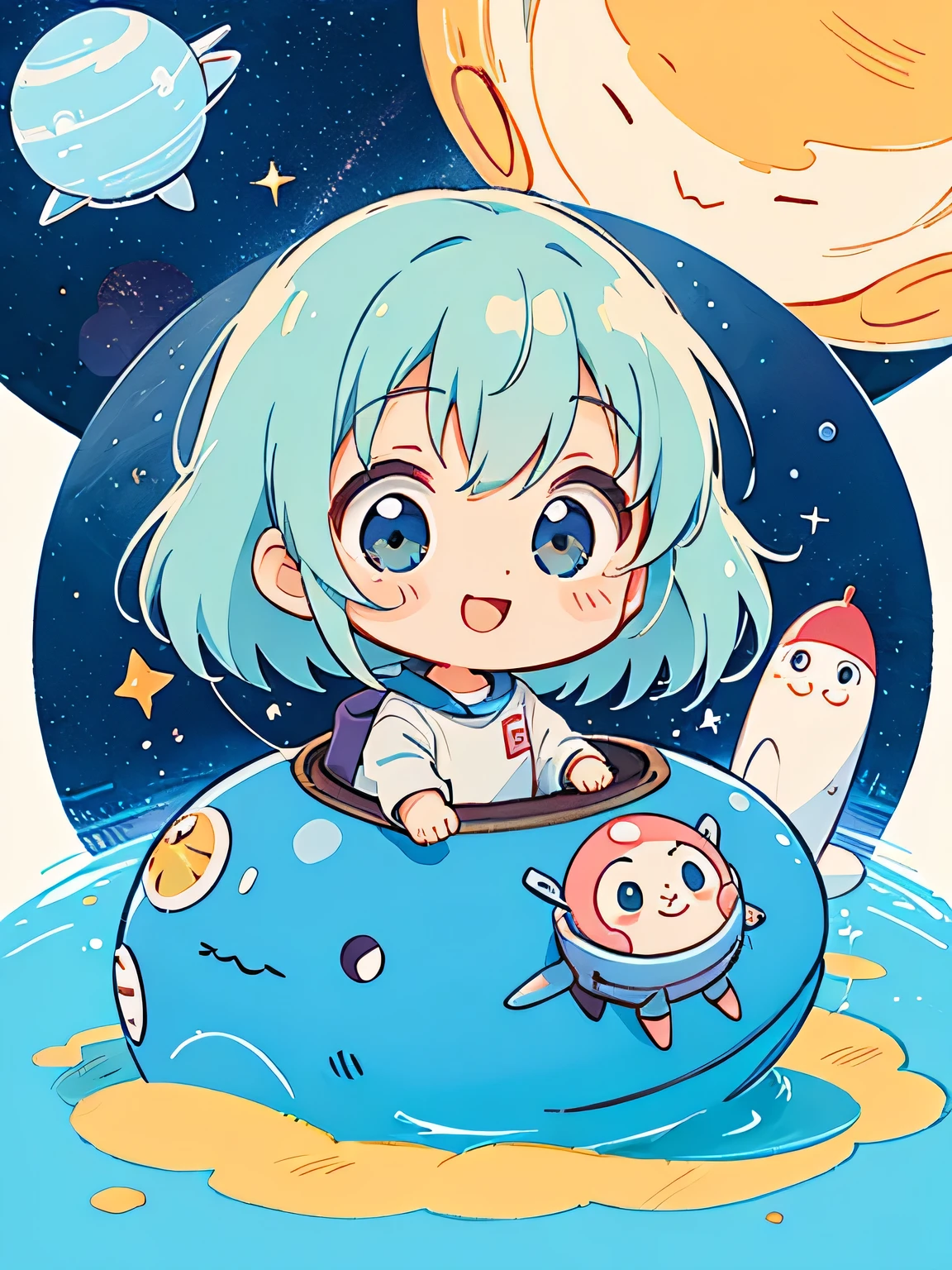 Hayao Miyazaki style、Kawaii Design, The most beautiful girl of all time、chibi, Space Travel, Happy smile, hope
